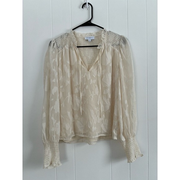 EVEREYE Tops - EVEREVE Cream Floral Burnout‎ Blouse Smocked V-Neck Sheer Boho Top Small